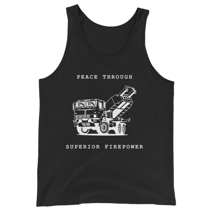 NAFO x HIMARS - Peace Through Superior Firepower - Adult Tank Top (white outline)