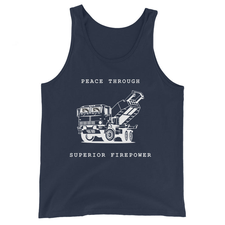 NAFO x HIMARS - Peace Through Superior Firepower - Adult Tank Top (white outline)
