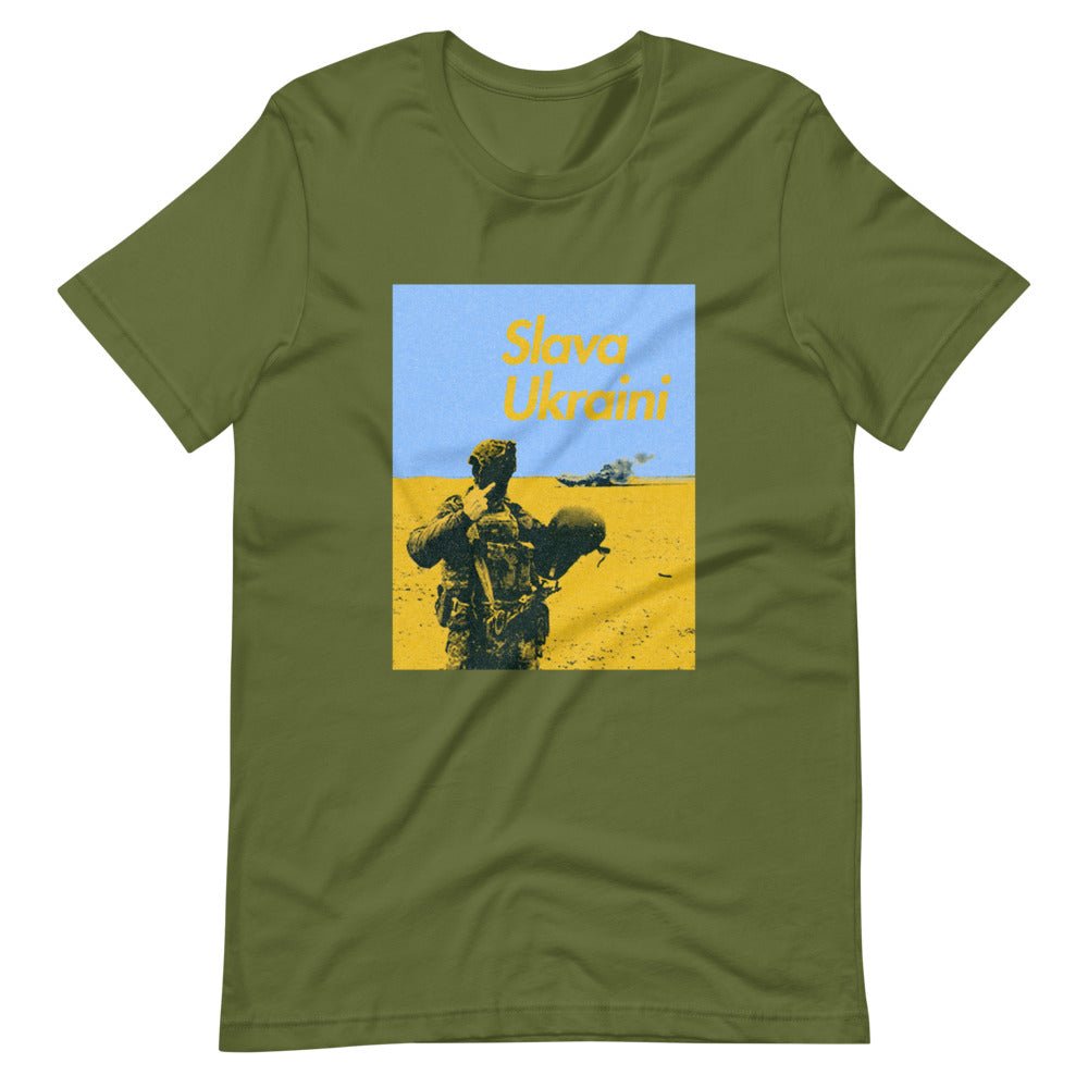 Slava Ukraini Soldier on Battlefield - Adult TShirt - Saint Javelin