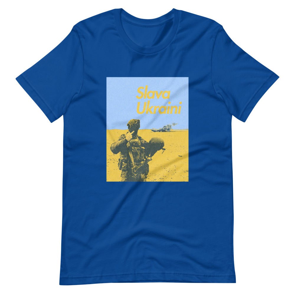 Slava Ukraini Soldier on Battlefield - Adult TShirt - Saint Javelin