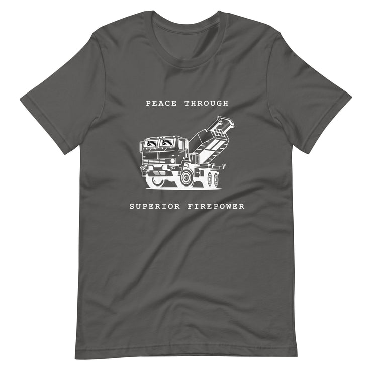 NAFO x HIMARS - Peace Through Superior Firepower - Adult TShirt (white outline)