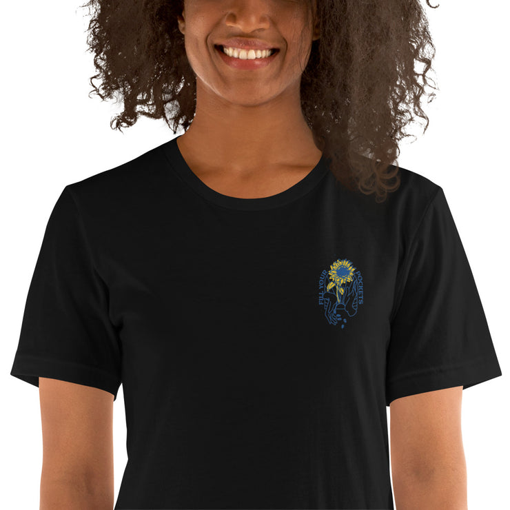 Fill Your Pockets - Embroidered Sunflowers Adult TShirt