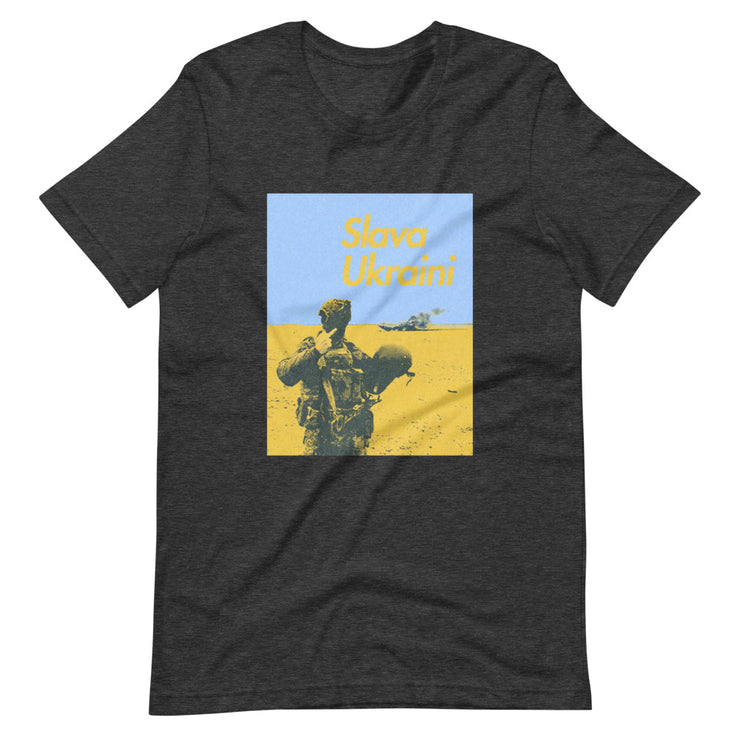 Slava Ukraini Soldier on Battlefield - Adult TShirt