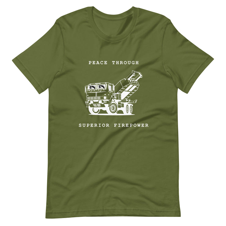 NAFO x HIMARS - Peace Through Superior Firepower - Adult TShirt (white outline)