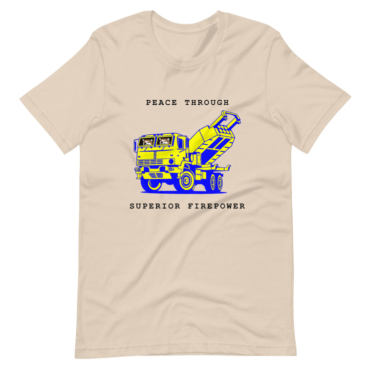 NAFO x HIMARS - Peace Through Superior Firepower - Adult TShirt (blue and yellow)