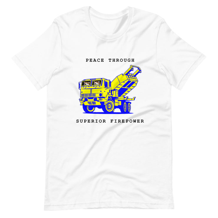 NAFO x HIMARS - Peace Through Superior Firepower - Adult TShirt (blue and yellow)