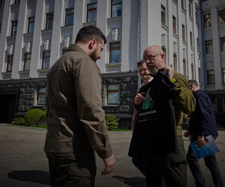President Zelensky receiving his custom Saint Javelin T-shirt