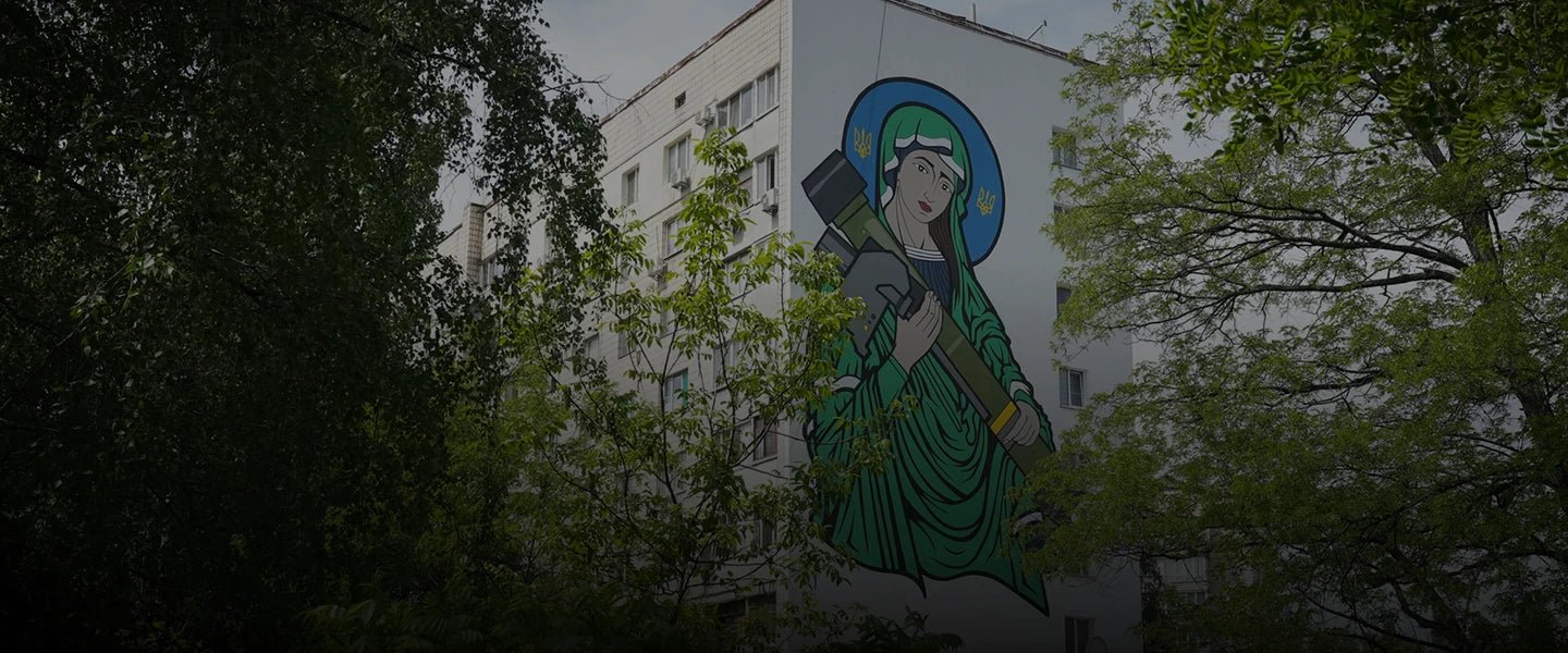 Saint Javelin mural on a residential building in Kyiv
