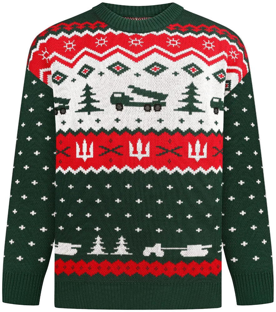 Green Fair Isle Christmas sweater with HIMARS launchers, trees and tridents