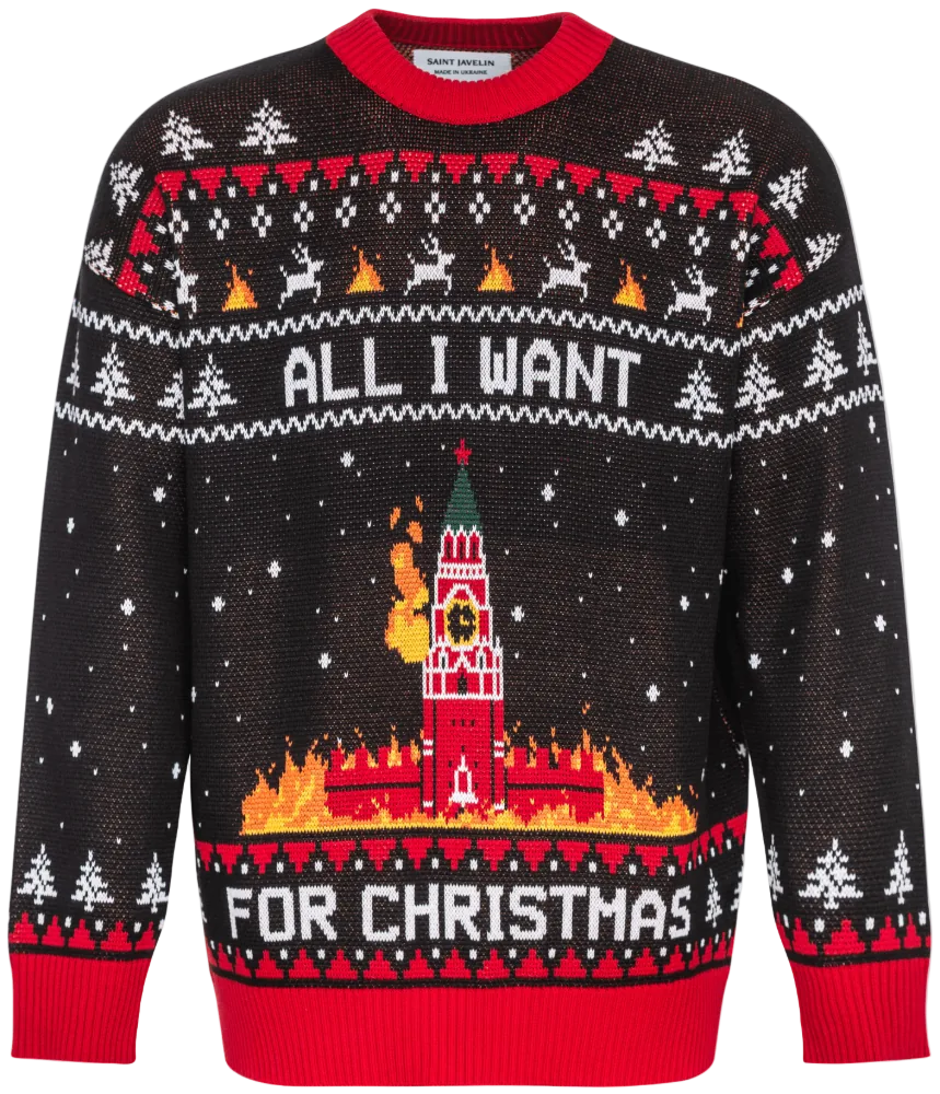 Black Christmas sweater reading All I Want for Christmas with a burning Kremlin tower