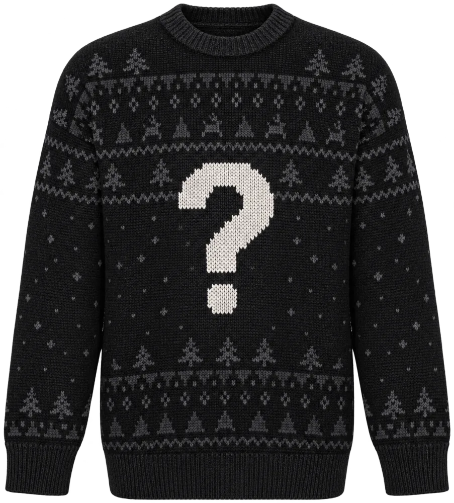 Dark knit sweater silhouette with a question mark, this year's unrevealed design