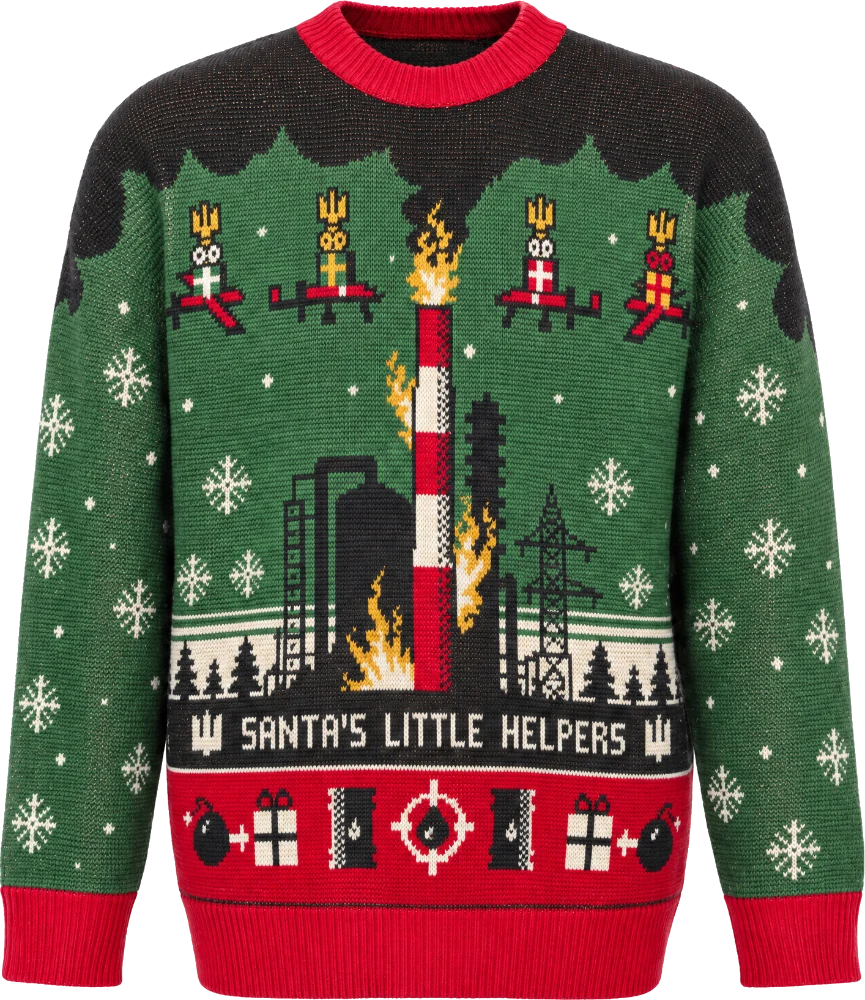 Green and black knit Christmas sweater reading Santa's Little Helpers, with tryzub-topped helpers above a burning refinery