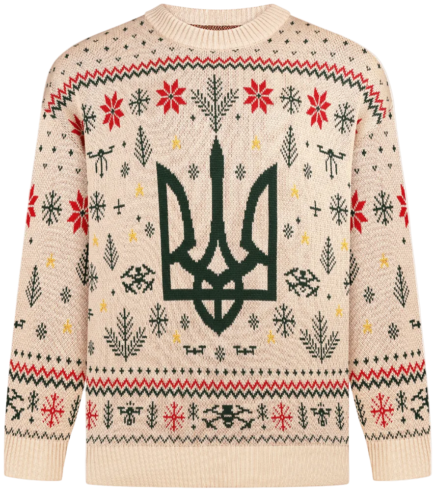 Cream Christmas sweater with a large green tryzub, snowflakes and drones