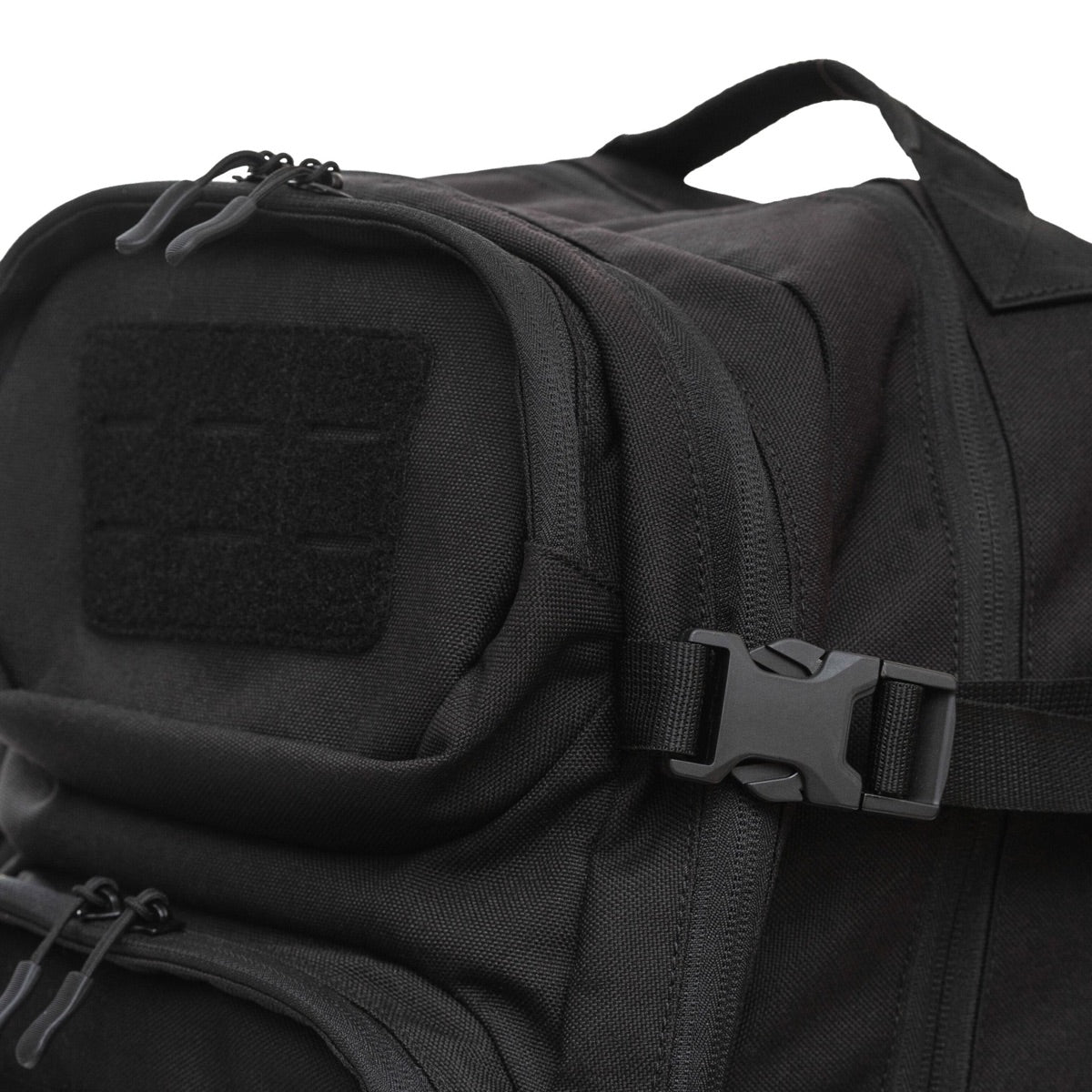Black backpack MOLLE and buckle detail