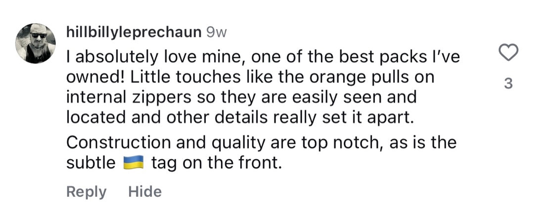 Instagram comment: one of the best packs I've owned
