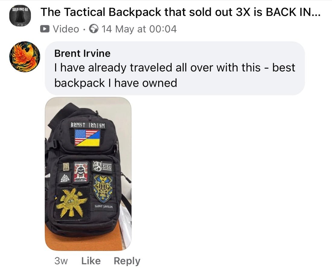 Facebook comment with customer photo: best backpack I have owned
