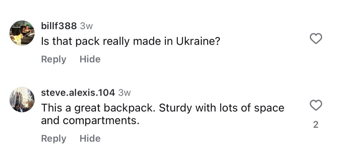 Instagram comments: is that pack really made in Ukraine / sturdy with lots of space