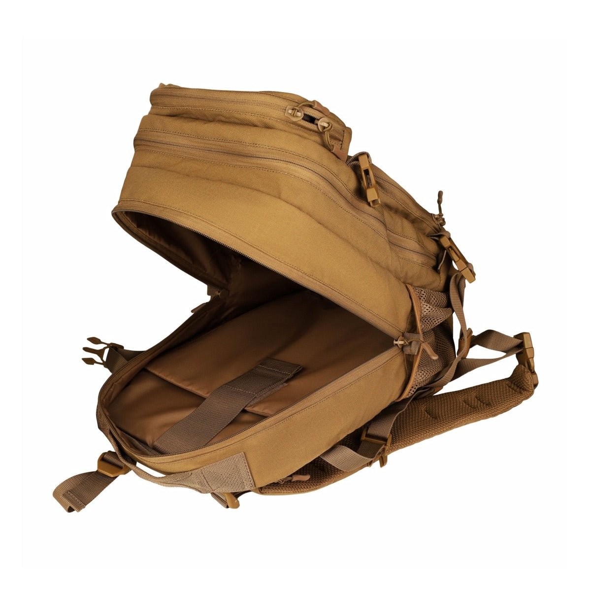 Coyote Tan backpack main compartment open