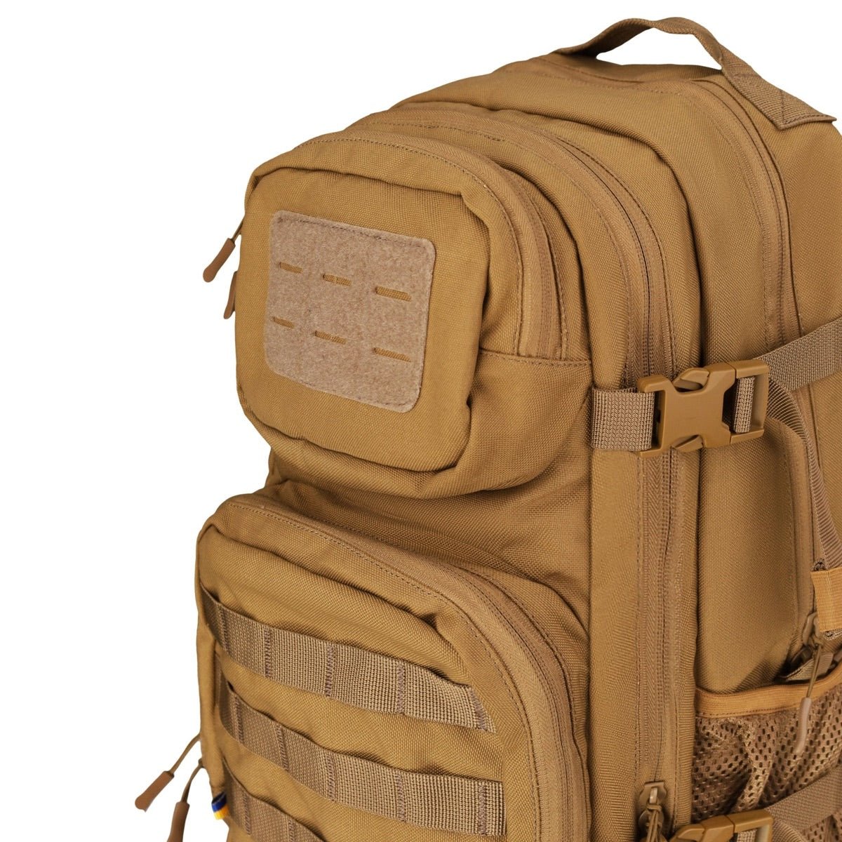 EDC Mission Backpack in Coyote Tan, MOLLE and buckle detail